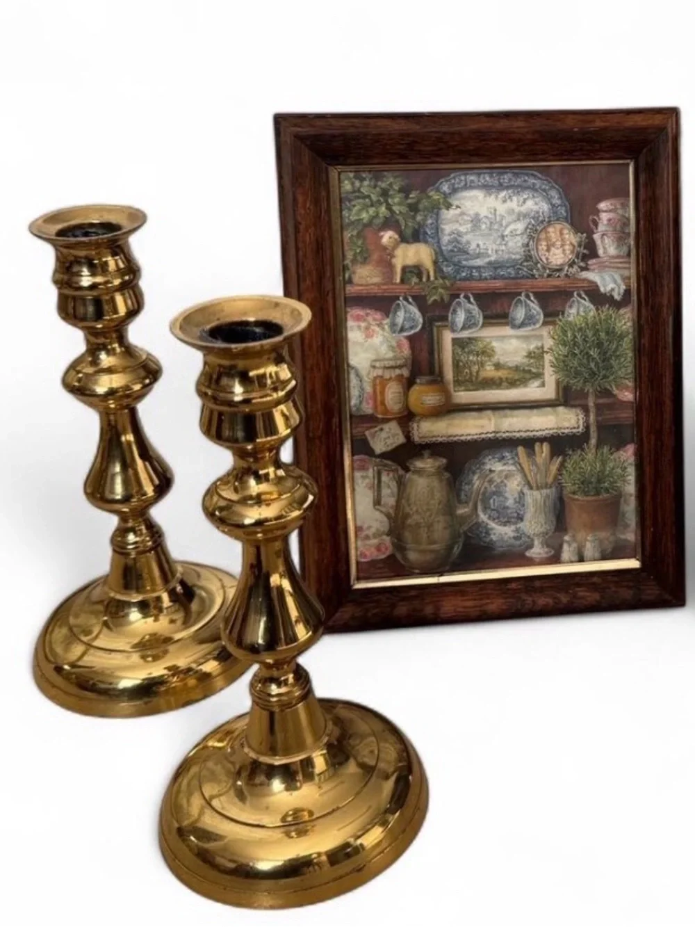 Vintage Cottagecore Bundle- wooden frame and brass candlesticks